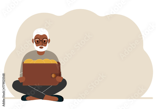 A old man sits cross-legged and holds a large purse of coins. The concept of a savings wallet, a successful loan, golden earnings with metal money in the currency. Vector flat illustration