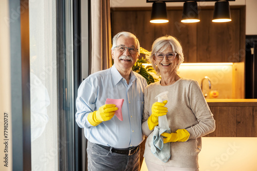 Portrait of a happy senior couple cleaning the house.