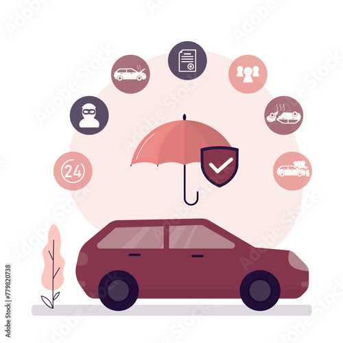 Online car insurance service concept. Modern car under umbrella, insurance policy, various icons and protective shield. Saving and protection automobile on roads.