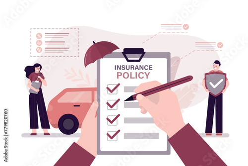 Insurance agent presenting service making deal with client. Human signing contract. Car under insurance policy and umbrella. Customer driver holds protective shield.