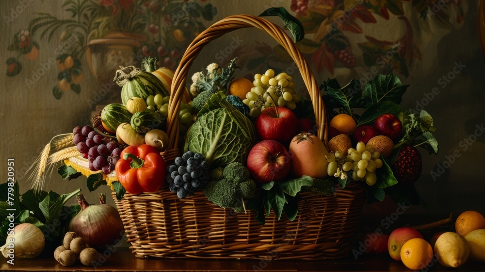 A basket of fruit and vegetables on a table A basket of fruit and vegetables on a table