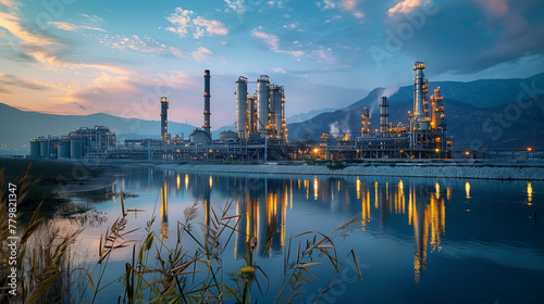 A serene twilight sky with soft clouds over an industrial facility, its lights reflecting beautifully on the calm water surface.