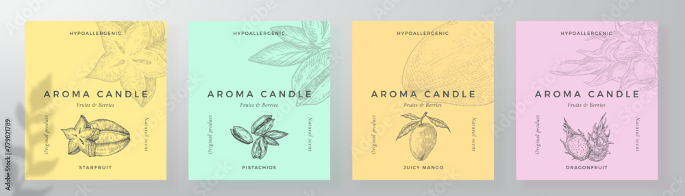 Aroma candle label design templates set. Scented air freshener product sticker mockup backgrounds collection Fruit scent decorative packaging layouts bundle