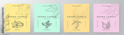 Aroma candle label design templates set. Scented air freshener product sticker mockup backgrounds collection Fruit scent decorative packaging layouts bundle