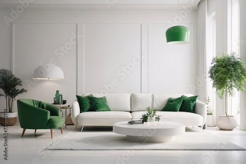 White minimal living room  everything in the room is white  white walls  flushed white doors  white ceiling  highlighting the scene with colorful minimal sofa  white interior lighting.