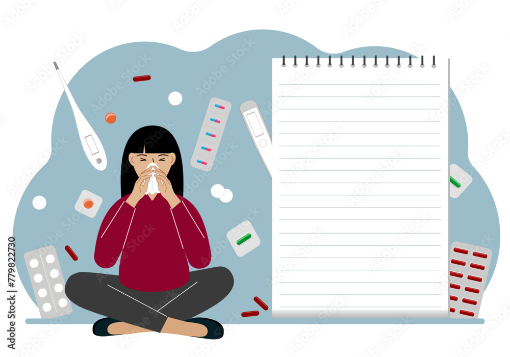 A sick woman with a runny nose holds a handkerchief. Nearby there are a lot of medicines, pills, thermometers and a large notebook for notes. Vector flat illustration A sick woman with a runny nose holds a handkerchief. Nearby there are a lot of medicines, pills, thermometers and a large notebook for notes. Vector flat illustration