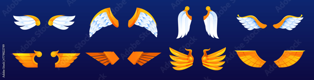 Wings decoration or ornament for game UI elements of interface. Vector isolated set, pair with feathers and gold material. Cartoon design for achievement or rank board, menu or trophy decor - obrazy, fototapety, plakaty 