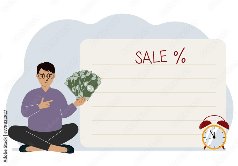 The men sits cross-legged and holds a lot of cash. Nearby is a poster with the text sale and a percent sign. Sale, discount or black friday concept. Vector flat illustration The men sits cross-legged and holds a lot of cash. Nearby is a poster with the text sale and a percent sign. Sale, discount or black friday concept. Vector flat illustration