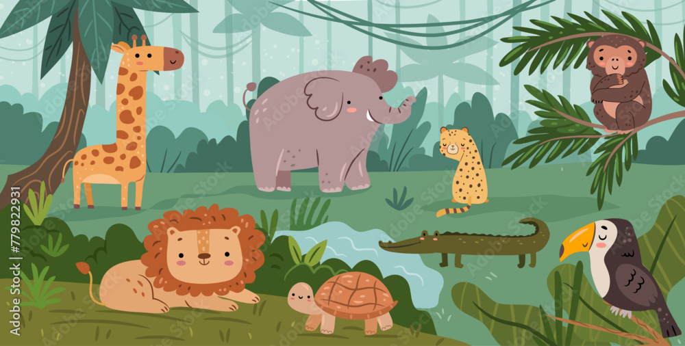 Obraz premium Cute jungle animals in natural habitat, reserve or zoo park. Vector rainforest with elephant and giraffe, lion and turtle, leopard and toucan, monkey and alligator. Tropical forest with lianas