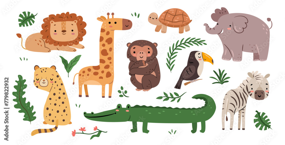 Naklejka premium Cute jungle animals and personages from woods and savannah with tropical leaves plants. Vector isolated toucan, lion and elephant, giraffe and crocodile, leopard and zebra, turtle and monkey