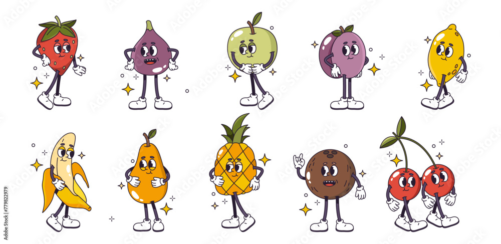 Retro cartoon personages fruits with expressions, legs and hands. Vector isolated set of pineapple and apple, lemon and strawberry, plum and date, coconut and cherries, banana with peel - obrazy, fototapety, plakaty 