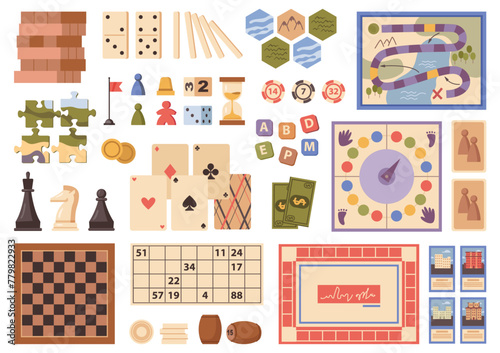Leisure and fun activities, isolated board games for free time with friends and family. Vector field with steps, chips and flag, hourglass and abc letters, puzzles and fake money, chess and jenga © Sensvector