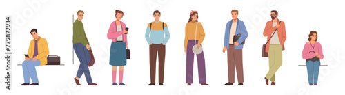 Men and women personages waiting, standing or sitting in line. Vector isolated characters looking at smartphone screens, looking aside. Fashionable male and female passengers, crowd of people © Sensvector