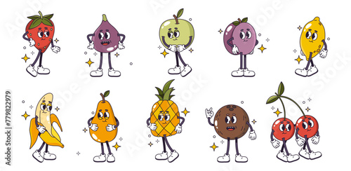 Retro cartoon personages fruits with expressions, legs and hands. Vector isolated set of pineapple and apple, lemon and strawberry, plum and date, coconut and cherries, banana with peel © Sensvector