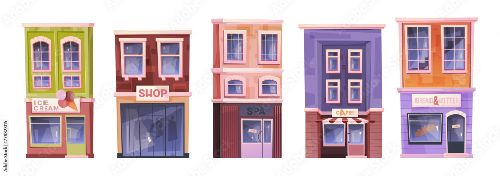 Shops and stores, isolated exterior of local business and services. Vector facade of ice cream, cafe and spa, bread and butter bakery house. Infrastructure of small town, buildings with sings