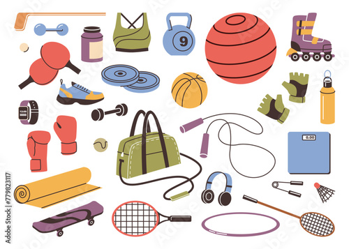 Equipment for sports activities, isolated training and gym balls and rackets for tennis. Vector headphones and scales, boxing gloves and yoga mat. Clothes and barbells, water bottle and jump rope