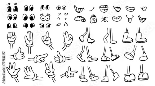 Drawn groovy character comic face parts, isolated personage design. Vector isolated legs in boots and arms in gloves, nose and eyes with eyelashes, mouth screaming and smiling and noses © Sensvector