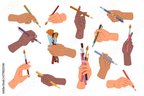 Artist hand holding equipment and tools for creating drawings and paintings. Vector isolated set of arms with pencils, crayons and pens, brushes with different shape and thickness of bristle