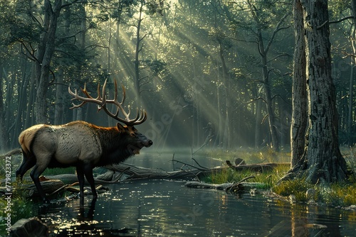 a large elk in a foggy forest wanders along a river in the rays of sun, banner, poster  photo
