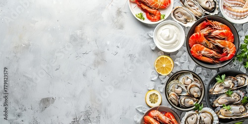 A white background with a variety of seafood including shrimp, oysters, and scallops. A bowl of mayonnaise is also present