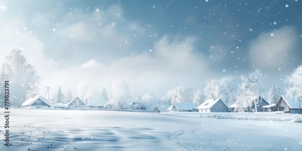 A snowy landscape with a few houses in the background. The houses are small and appear to be made of wood. The snow is falling gently, creating a peaceful and serene atmosphere