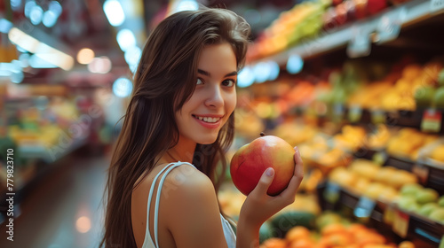 A young woman explores a vibrant fruit market, picking up fresh produce with enthusiasm. The joy of shopping for healthy food. Generative AI.