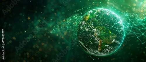 Green lines of abstract energy encircle the globe mappin