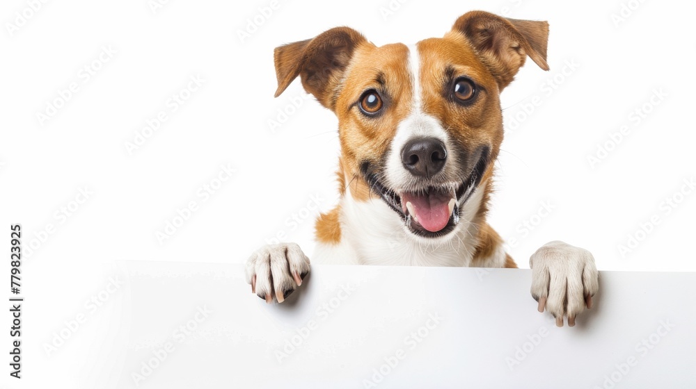 A brown and white dog holding a sign A brown and white dog holding a sign