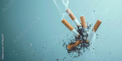 A pile of cigarette butts and smoke are floating in the air. Concept of the harmful effects of smoking and the damage it can cause to the environment. Scene is somber and serious