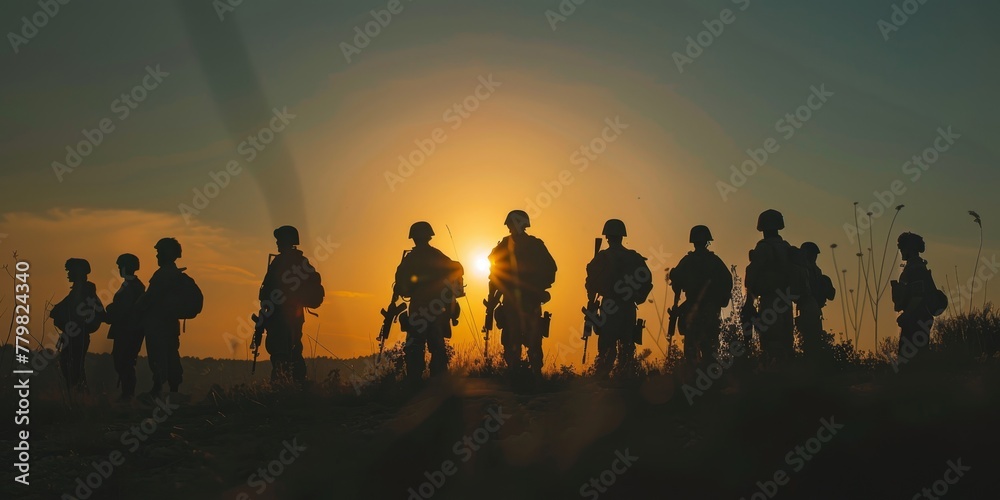 A group of soldiers stand in a field at sunset. The sun is setting behind them, casting long shadows. The soldiers are all wearing camouflage uniforms and appear to be in formation