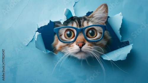 A cat wearing glasses peeks out of a hole in a wall photo