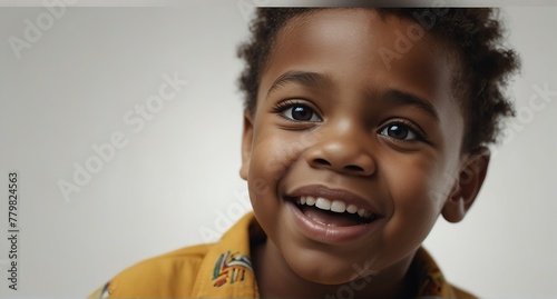 young black african child boy on plain bright white background laughing hysterically looking at camera background banner template ad marketing concept from Generative AI