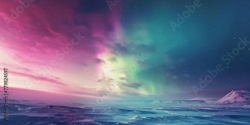 A beautiful and colorful sky with a purple and blue aurora. The sky is filled with stars and the aurora is glowing brightly