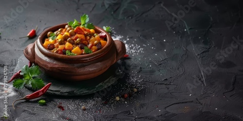 A bowl of food with a lot of spices and herbs on a black background. The bowl is filled with a variety of vegetables and spices, giving it a colorful and appetizing appearance