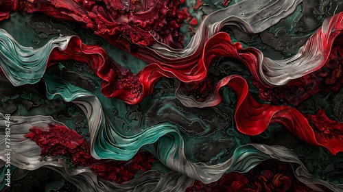 Ruby red tendrils embracing a captivating tapestry of emerald green and slate gray.