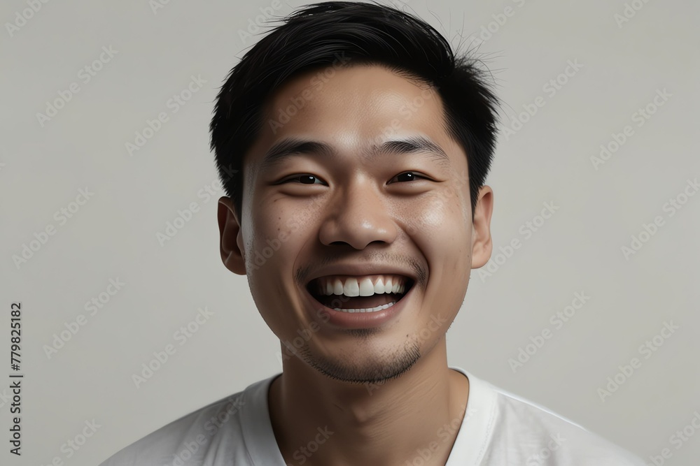 young chinese man on plain bright white background laughing hysterically looking at camera background banner template ad marketing concept from Generative AI young chinese man on plain bright white background laughing hysterically looking at camera background banner template ad marketing concept from Generative AI