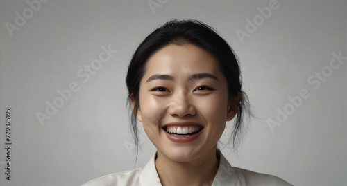 young chinese middle aged woman on plain bright white background laughing hysterically looking at camera background banner template ad marketing concept from Generative AI