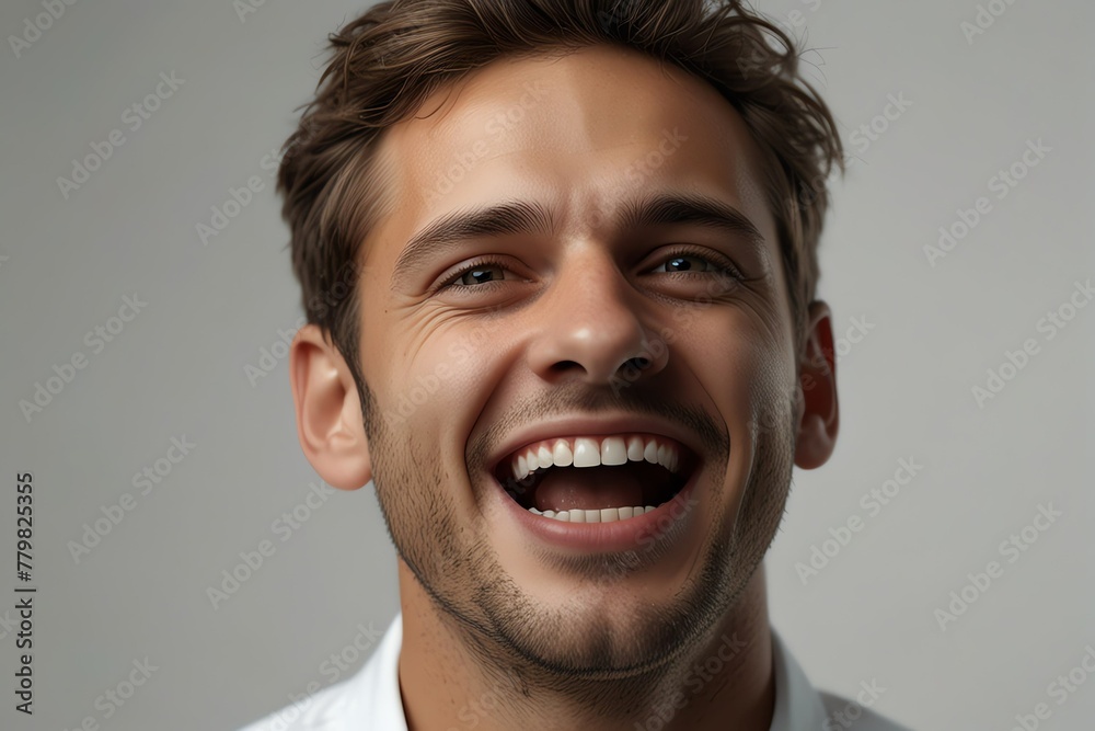 young deutsch man on plain bright white background laughing hysterically looking at camera background banner template ad marketing concept from Generative AI