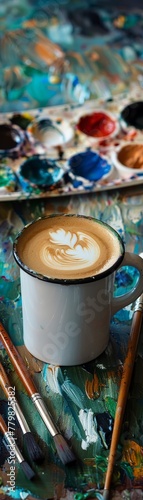 Coffee cup with paintbrushes and palettes, symbolizing artistic inspiration, eative  Conceptual Idea photo