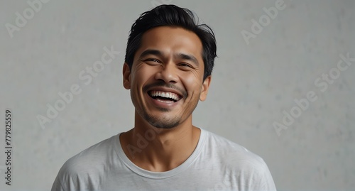 young filipino middle aged man on plain bright white background laughing hysterically looking at camera background banner template ad marketing concept from Generative AI