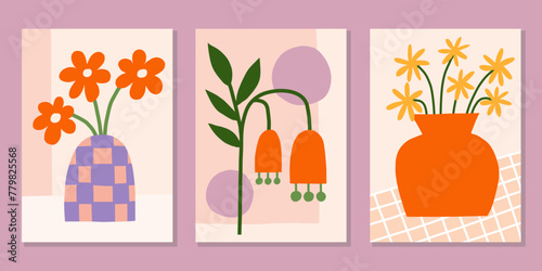 Cutout floral poster designs. Bright summer vector prints set. Modern flower in vase illustration. Botanical backgrounds