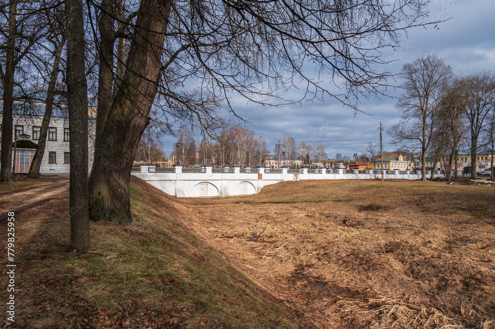 The bridge in front of the Kremlin of the ancient Russian city of Uglich. Cityscape.