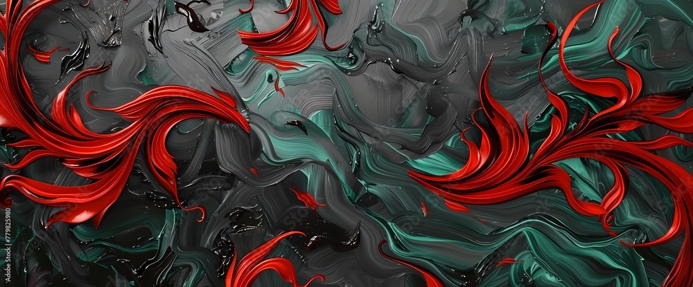 Ruby red tendrils embracing a captivating tapestry of emerald green and slate gray. - obrazy, fototapety, plakaty 