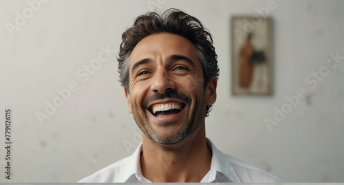 young italian middle aged man on plain bright white background laughing hysterically looking at camera background banner template ad marketing concept from Generative AI