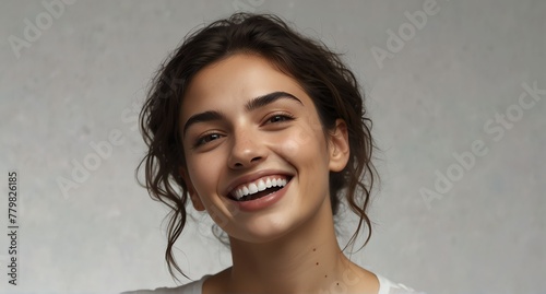 young italian woman on plain bright white background laughing hysterically looking at camera background banner template ad marketing concept from Generative AI © sevenSkies