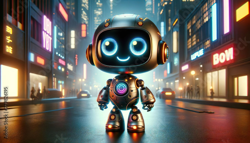 A charming cyberpunk-style robot smiles gently amidst a neon-lit cityscape, a digital artwork rendered with AI photo