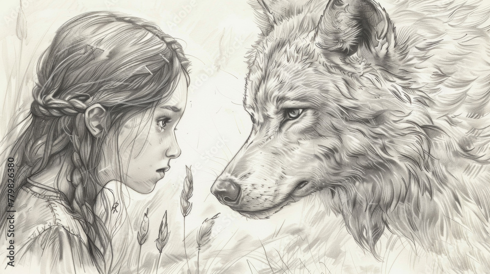 A drawing of a girl and a wolf - obrazy, fototapety, plakaty 