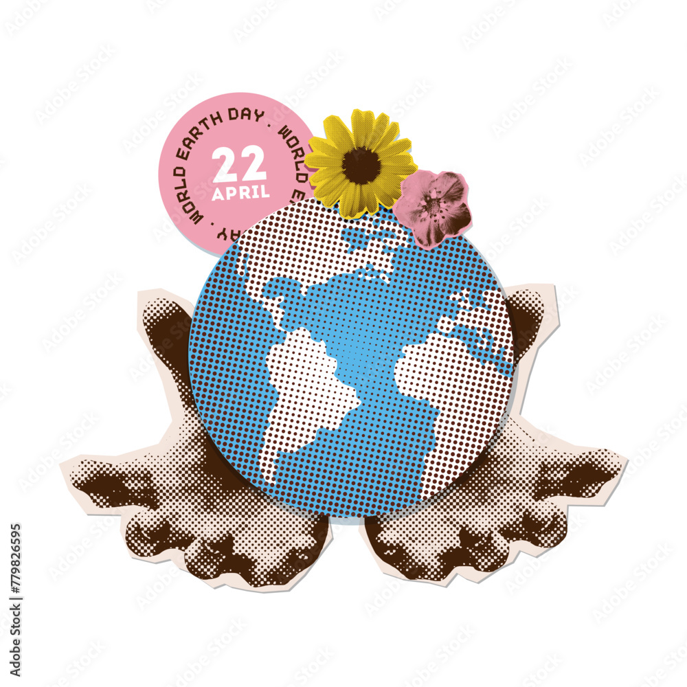 22 April - World Earth day banner concept. Two hands holding small planet with flowers in halftone collage style. Torn out paper stickers. Vector nostalgic illustration. - obrazy, fototapety, plakaty 