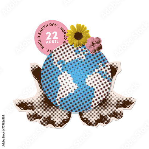 22 April - World Earth day banner concept. Two hands holding small planet with flowers in halftone collage style. Torn out paper stickers. Vector nostalgic illustration. © LanaSham