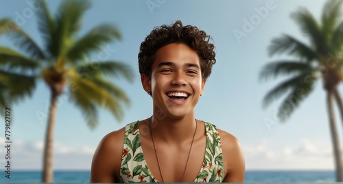 young native hawaiian teenage boy on plain bright white background laughing hysterically looking at camera background banner template ad marketing concept from Generative AI © sevenSkies